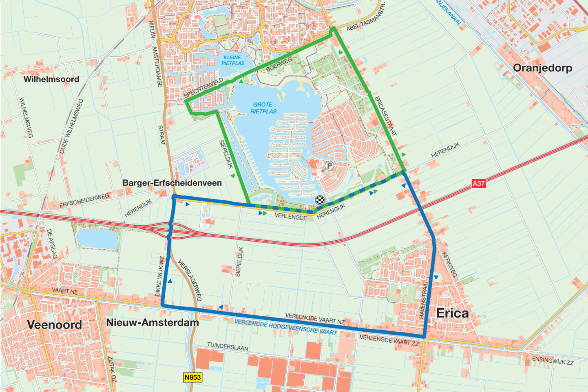 Hardlooproute in Erica weergegeven op een plattegrond