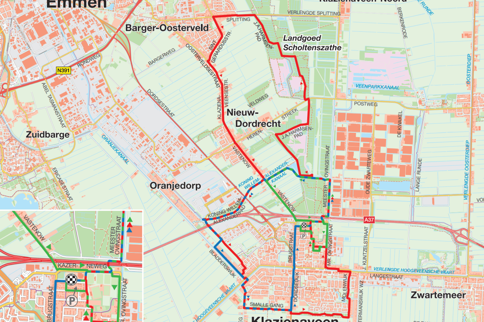 Hardlooproute in Klazienaveen weergegeven op een plattegrond