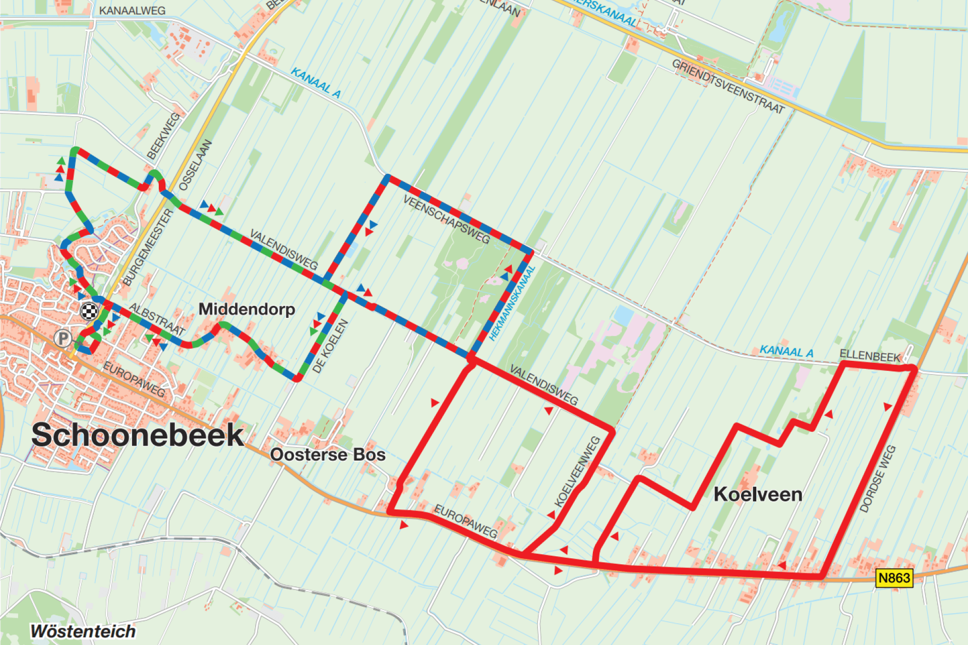 Hardlooproute in Schoonebeek weergegeven op een plattegrond